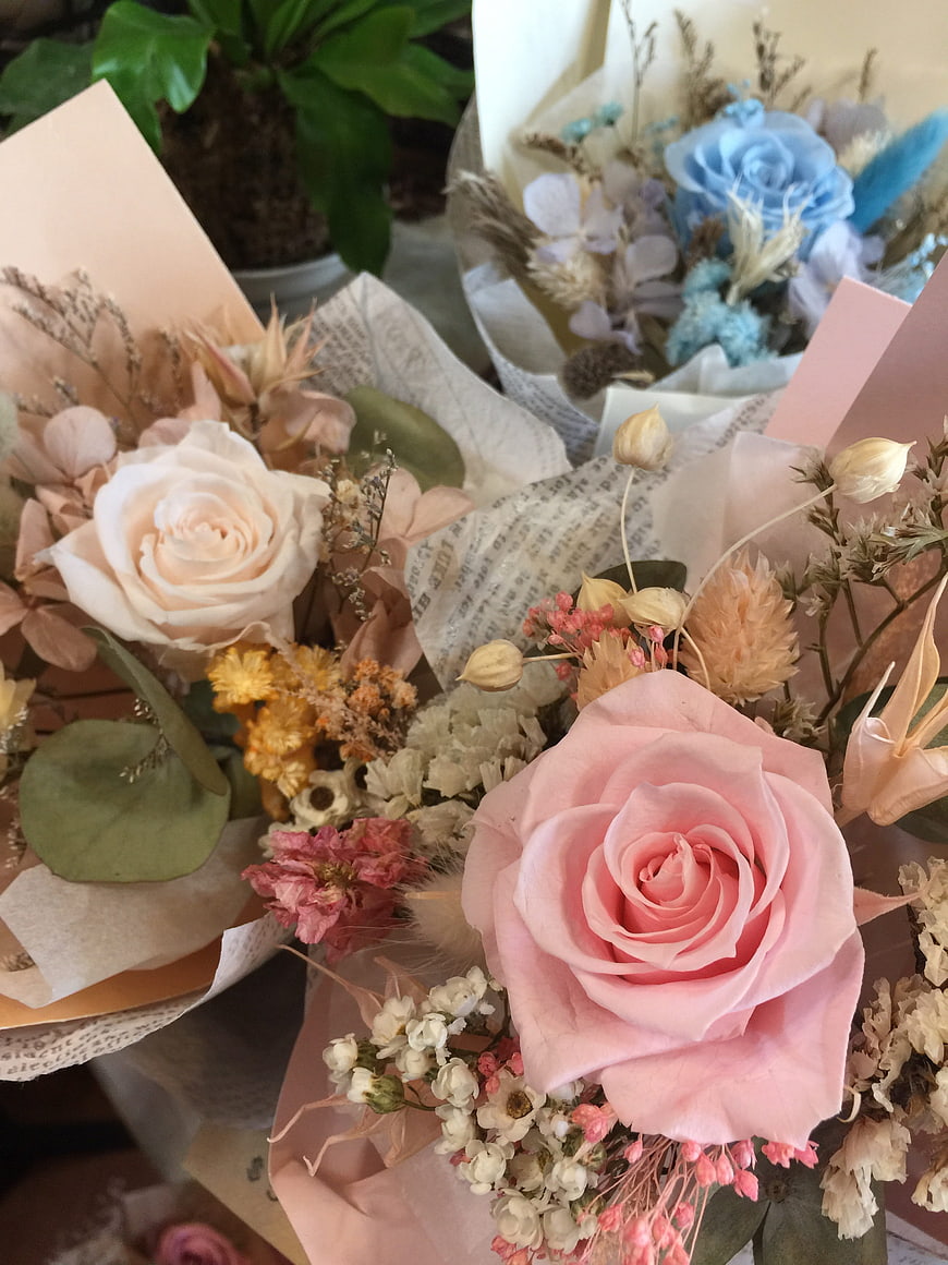 Pink and Blue Dried Flower Bouquets with Roses