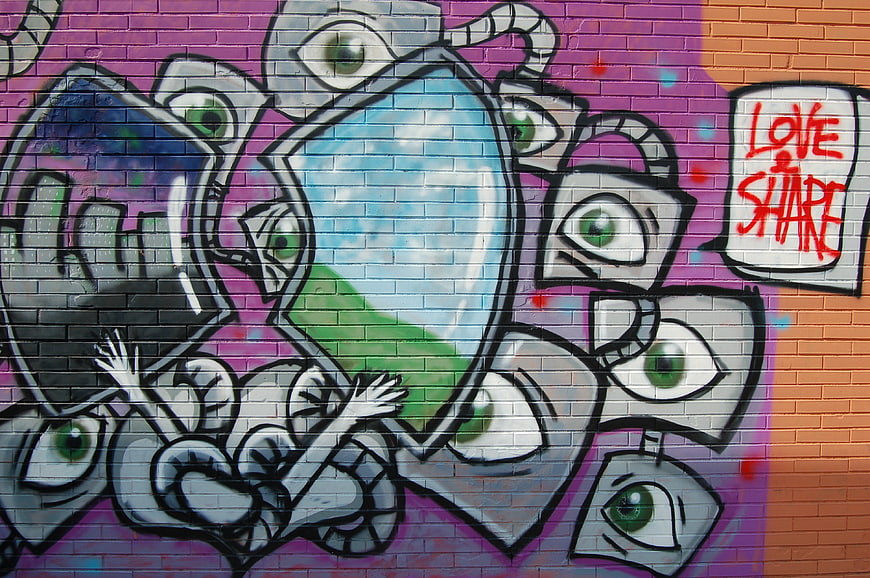 Colorful Graffiti Mural with Eyes and Love Share Text