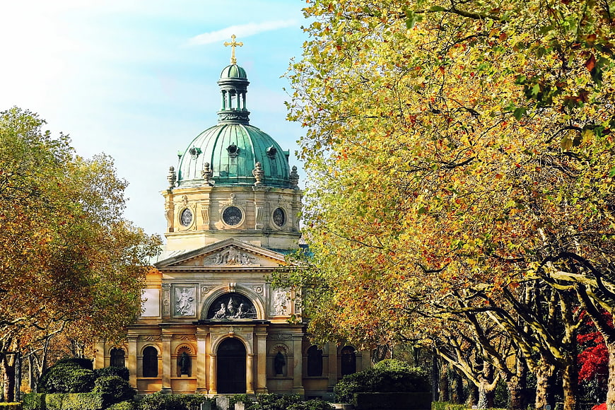 Baroque Cathedral with Green Dome in Autumn Park