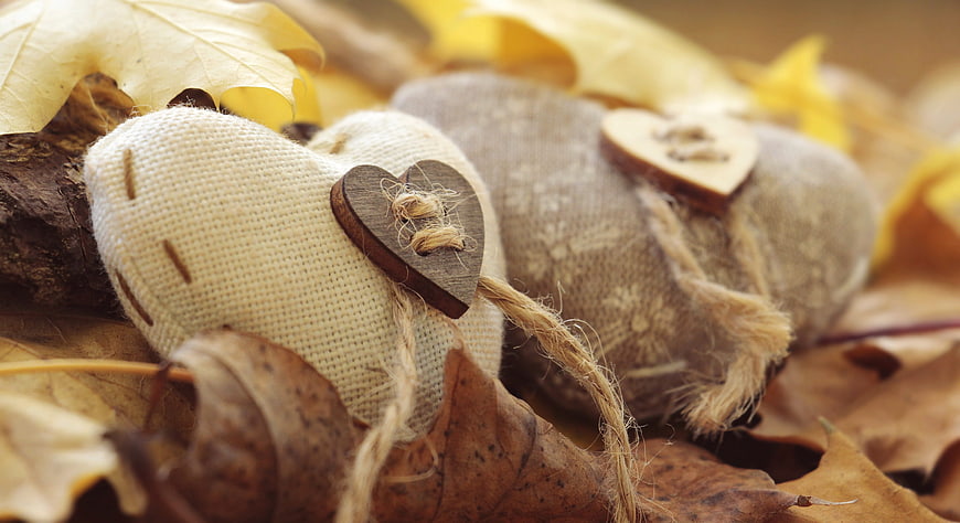 Rustic Fabric Hearts with Wooden Accents on Autumn Leaves