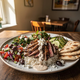 Grilled Steak Plate with Rice, Salad, and Pita Bread