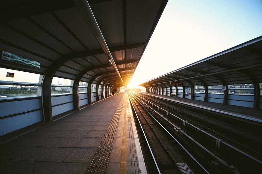 Empty Train Station Platform at Sunset with Golden Light