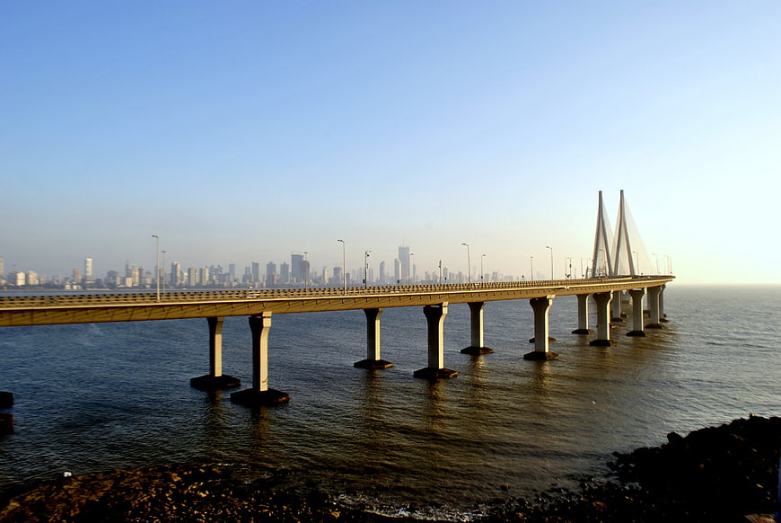 Bandra-Worli Sea Link Bridge Over Ocean With Mumbai Skyline