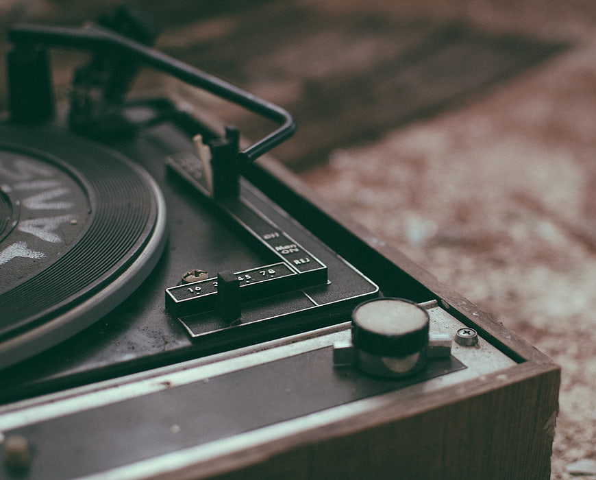 Close-up of vintage record player with vinyl record