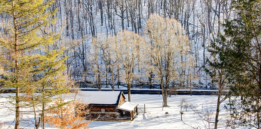 Rustic wooden cabin in snowy winter forest landscape