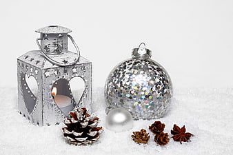 Silver Christmas Lantern and Glitter Ornament in Snow