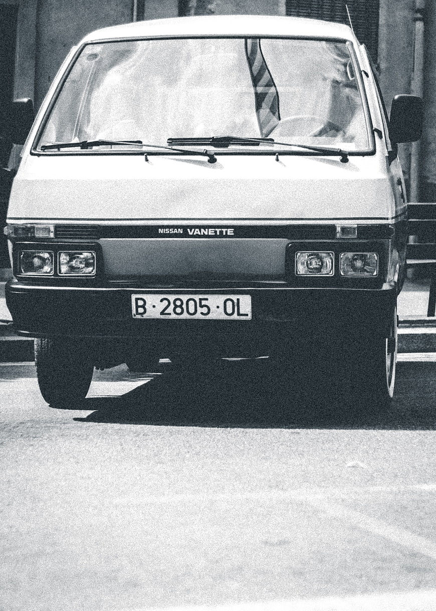 Vintage Nissan Vanette Front View Black and White