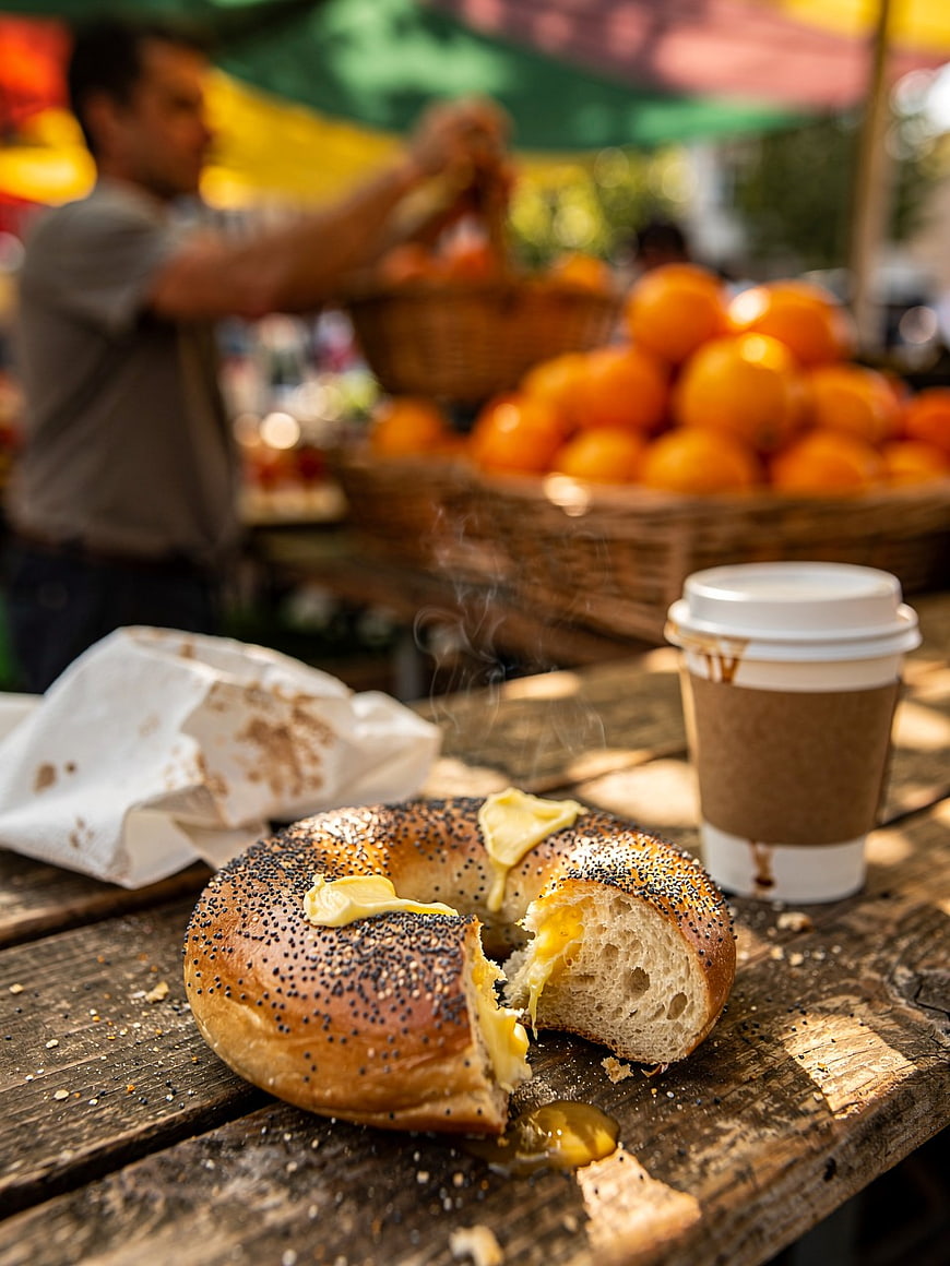 Fresh Poppy Seed Bagel with Butter and Coffee at Outdoor Market