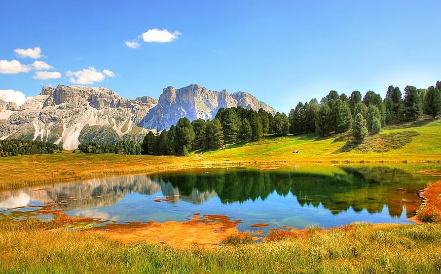 Scenic Dolomites Lake Reflection with Mountains and Forest
