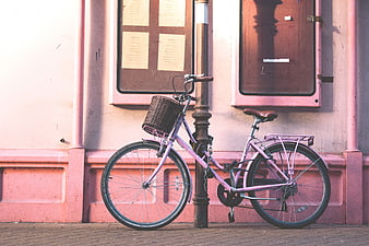 Pink Bicycle Leashed to Post Against Pink Wall