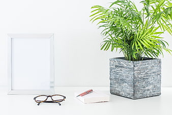 Minimalist white desk with plant, glasses, and photo frame mockup
