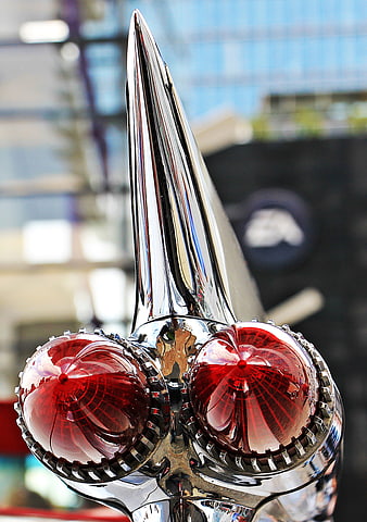Close-up of classic Cadillac tail fin and red taillights