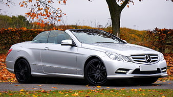 Silver Mercedes-Benz E-Class Convertible in Autumn