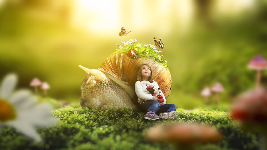 Little girl sitting with giant snail in fantasy forest