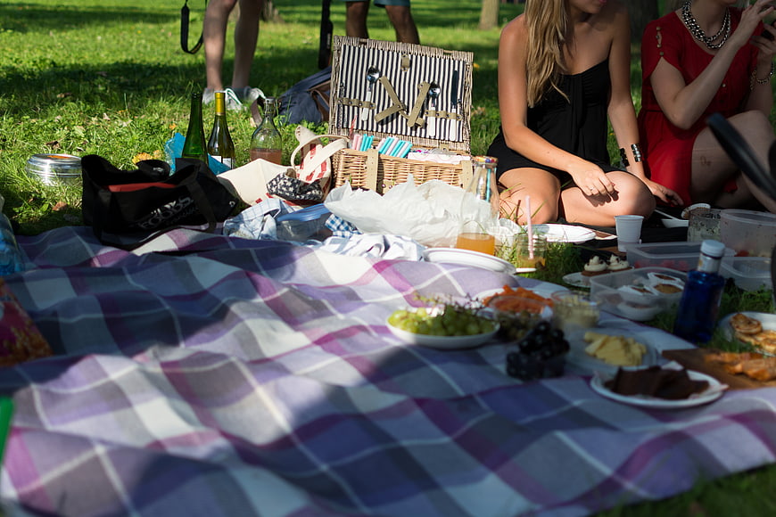 Outdoor picnic spread with food, drinks, and friends on grass