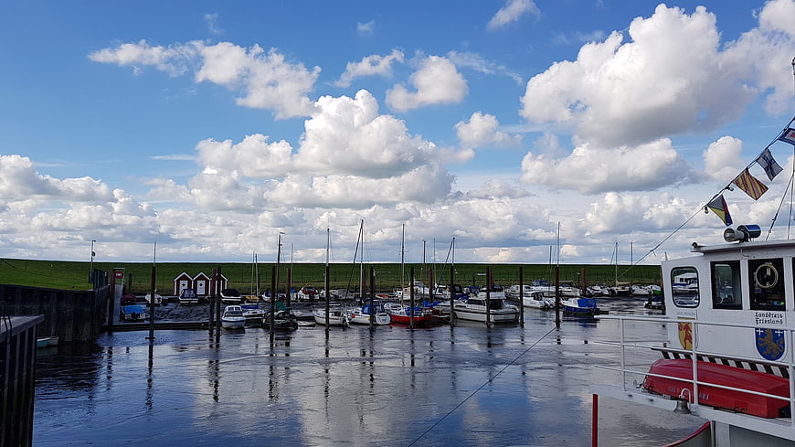Harbor with boats under blue sky with clouds