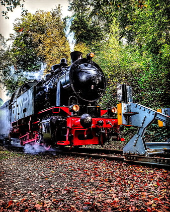Vintage Steam Locomotive on Autumn Railroad Tracks