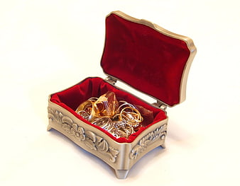 Vintage Silver Jewelry Box With Red Velvet Lining And Gold Rings