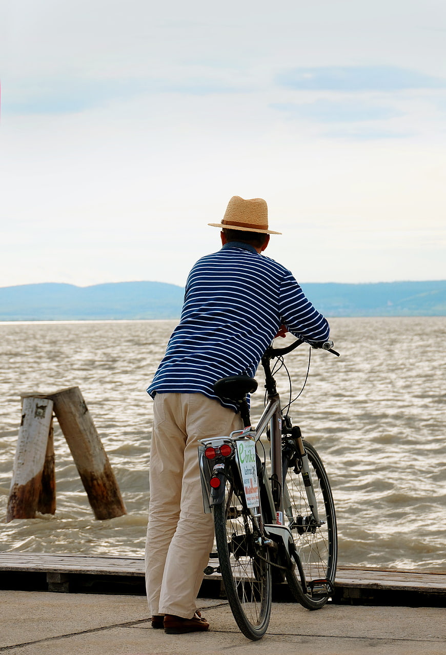 Man with bicycle looking out at lake from pier