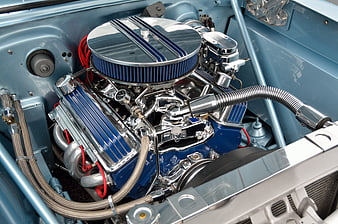 Polished Blue V8 Engine With Chrome Air Filter In Classic Car