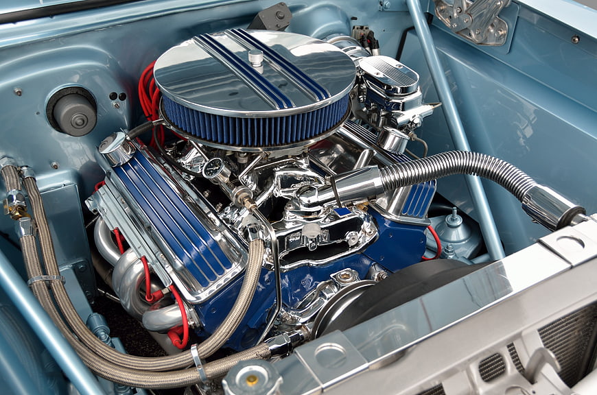 Polished Blue V8 Engine With Chrome Air Filter In Classic Car
