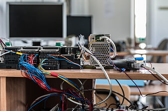 Electronics workbench with power supply and wiring