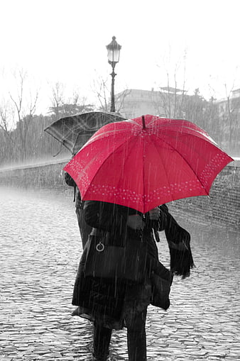 Couple with Red Umbrella in Rainy Black and White Street Scene