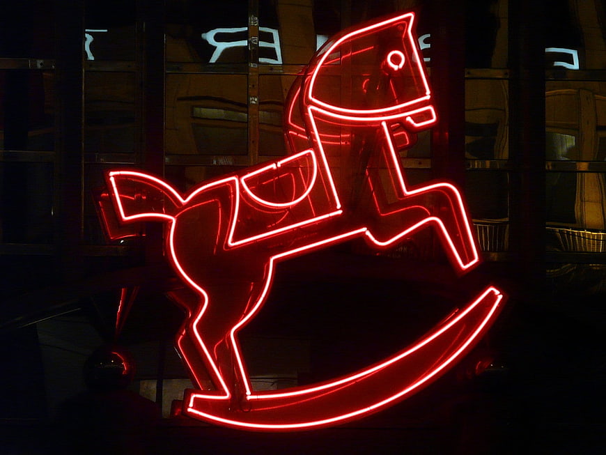 Thema Rocker Red Neon Rocking Horse Sign Against Dark Nighttime Background | Pickpik