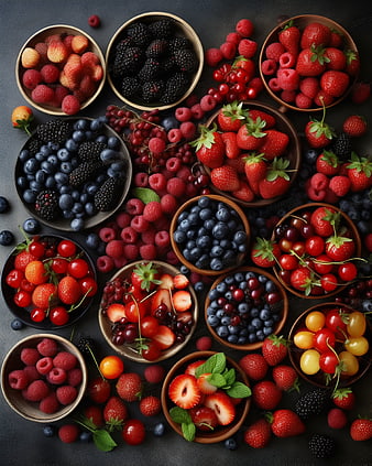Top View of Fresh Mixed Berries in Wooden Bowls