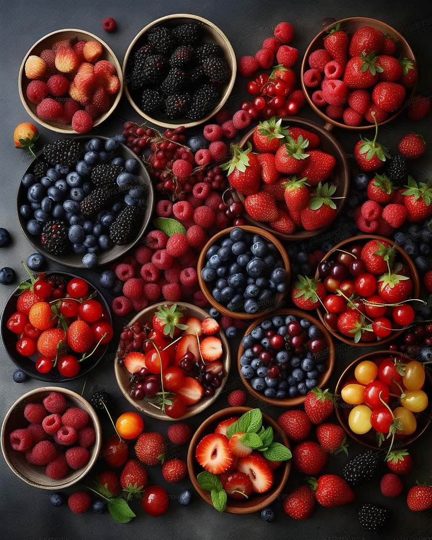 Top View of Fresh Mixed Berries in Wooden Bowls