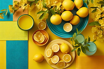 Colorful Flat Lay of Lemons, Juice, and Yellow Flowers