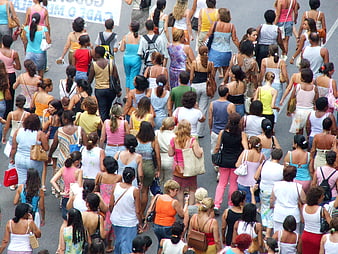 Aerial View of Diverse Urban Crowd Walking Down City Street