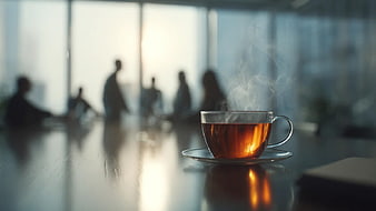 Steaming Tea Cup on Conference Table with Blurred Meeting