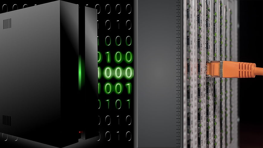 Server rack with binary code and ethernet cable connection