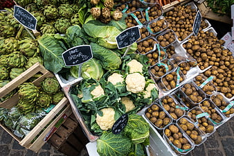 Top view of fresh vegetables at a farmers market