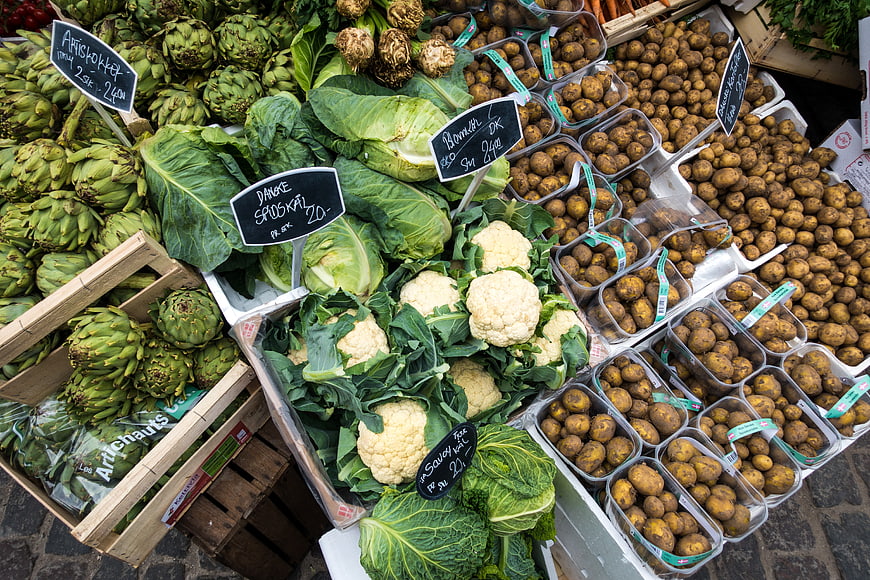 Top view of fresh vegetables at a farmers market