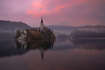 Church on Island in Lake Bled at Pink Sunset