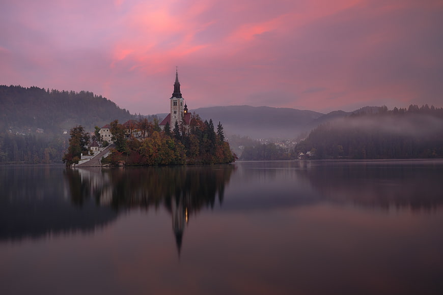 Church on Island in Lake Bled at Pink Sunset