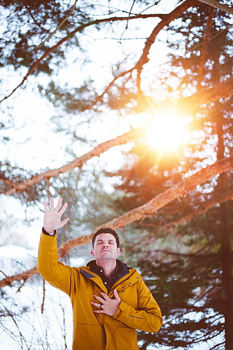 Man in yellow jacket worshipping in sunlit forest