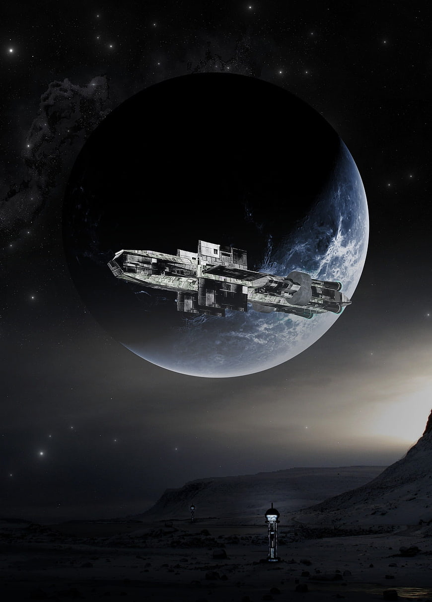Futuristic spaceship hovering over alien planet landscape