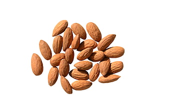 Pile of raw almonds on white background