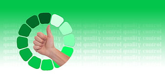 Thumbs up hand inside green circular quality control checklist graphic