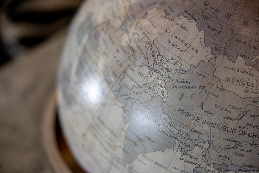 Close-up of vintage globe showing Asia and Middle East