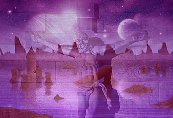 Purple Surreal Jesus on Cross with Celestial Background