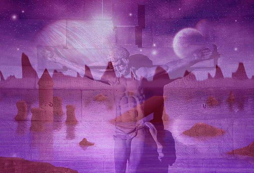 Purple Surreal Jesus on Cross with Celestial Background