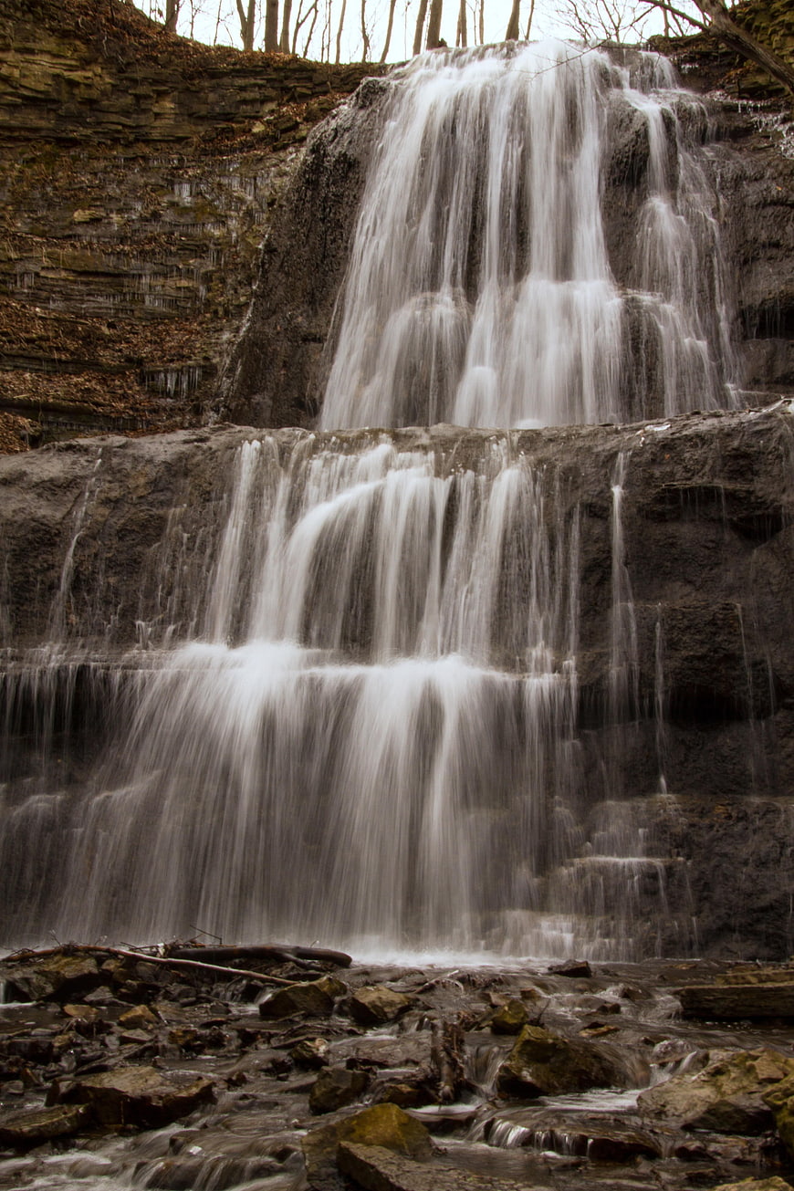 Long Exposure Waterfall Cascading Over Rocky Cliffs