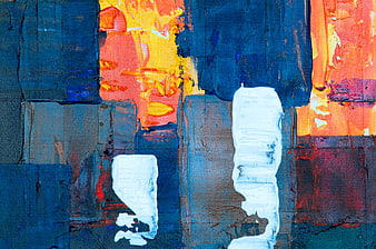Abstract textured painting with blue, orange, and white brushstrokes