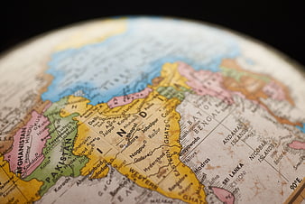Close-up of vintage globe map showing India and South Asia