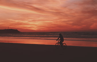 Silhouette of Cyclist Riding on Beach at Sunset