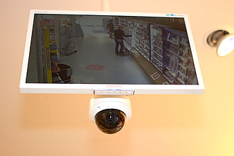 Security camera and monitor displaying supermarket surveillance footage